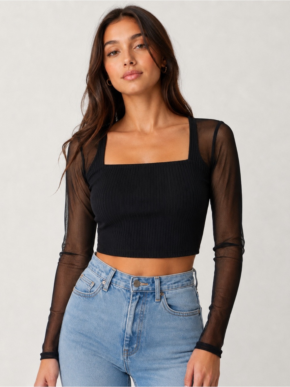 Sheer Long-Sleeve Black Crop Top - Square Neck Xs zz3-48